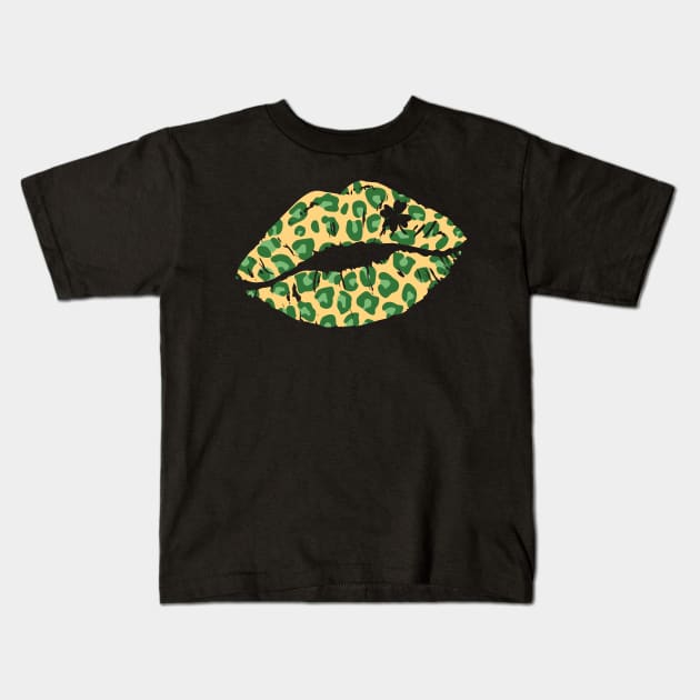 Leopard Lips St Patrick Day Lucky Leaf Kids T-Shirt by Skinite